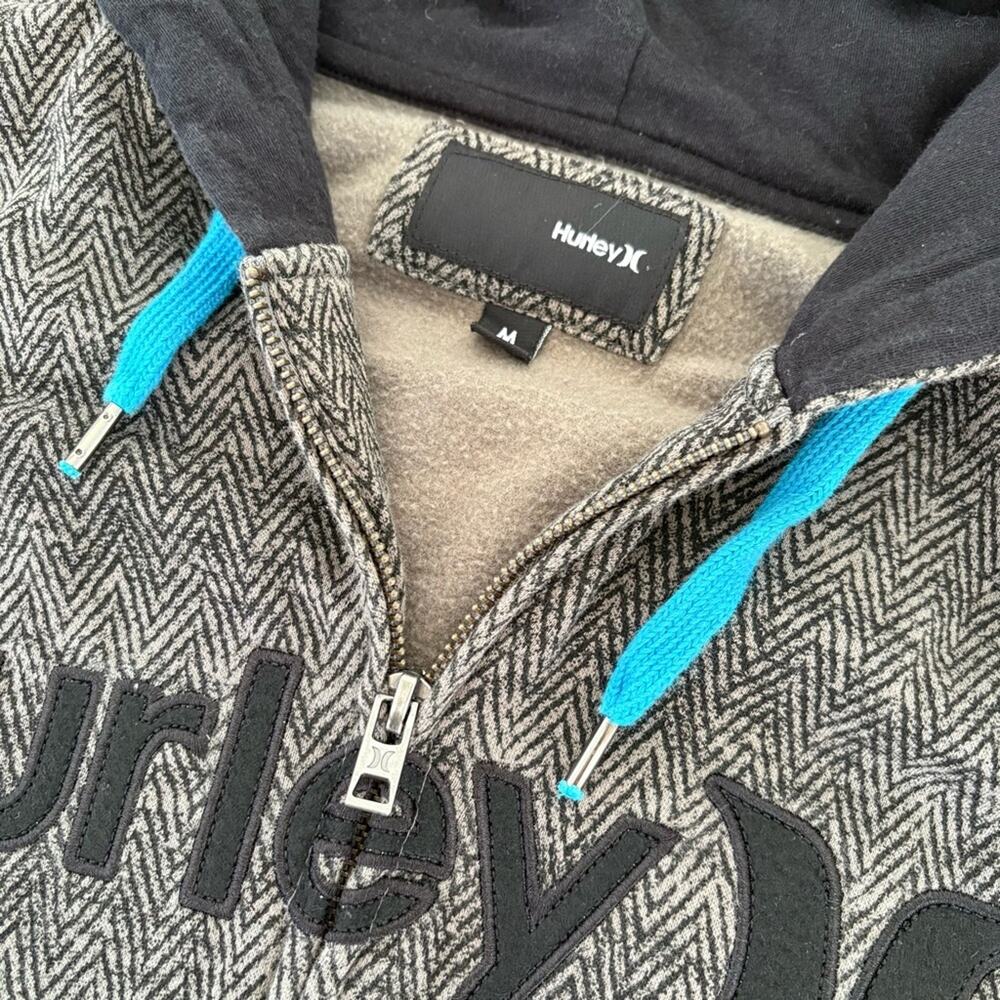 Hurley Full Zip Hoodie Sweatshirt Mens Medium Gray Black Herringbone Skate Surf - Picture 2 of 7